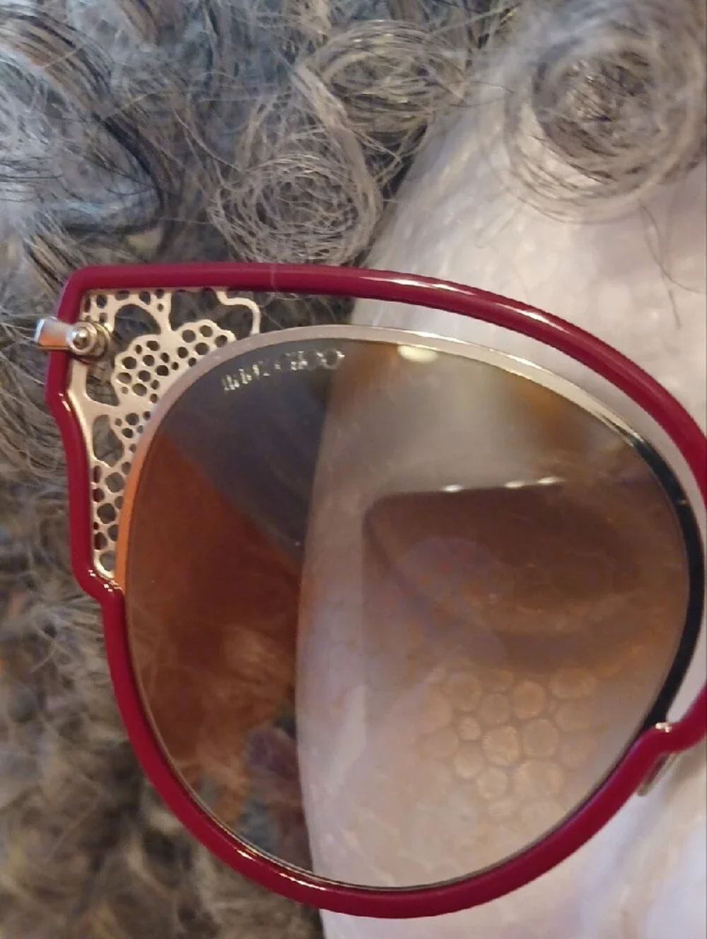 Jimmy Choo Burgundy Cat-Eye Sunglasses with Gold Filigree